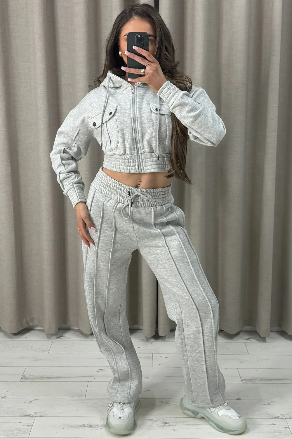 Kenza Grey Pocket Cropped Hooded and Seam Front Joggers Tracksuit Set