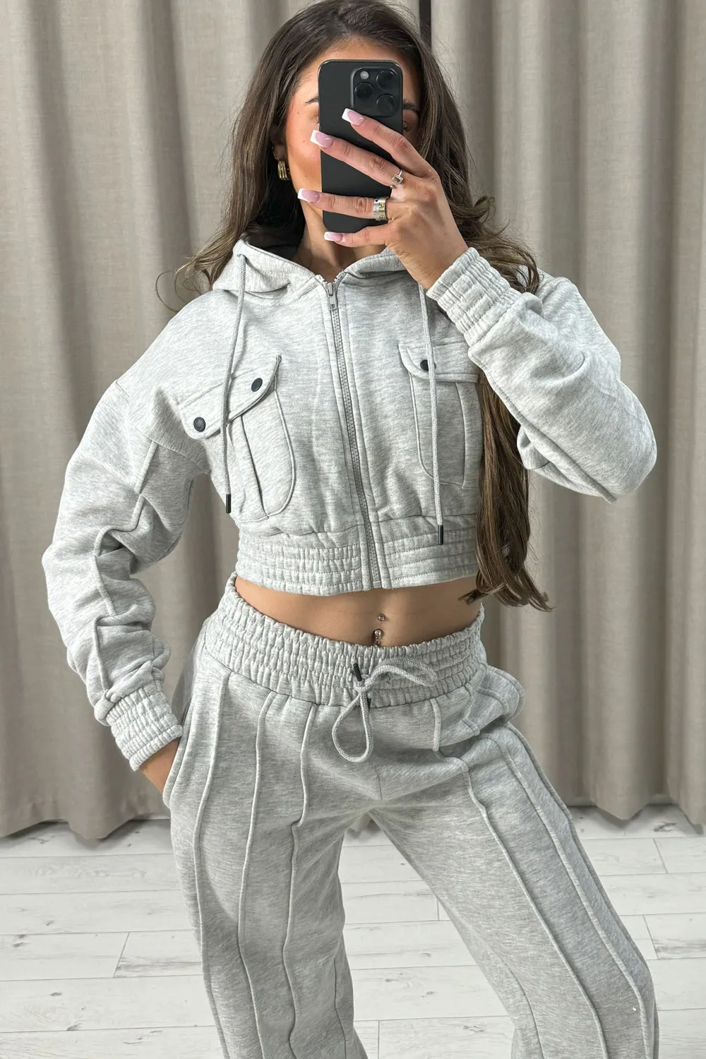 Kenza Grey Pocket Cropped Hooded and Seam Front Joggers Tracksuit Set