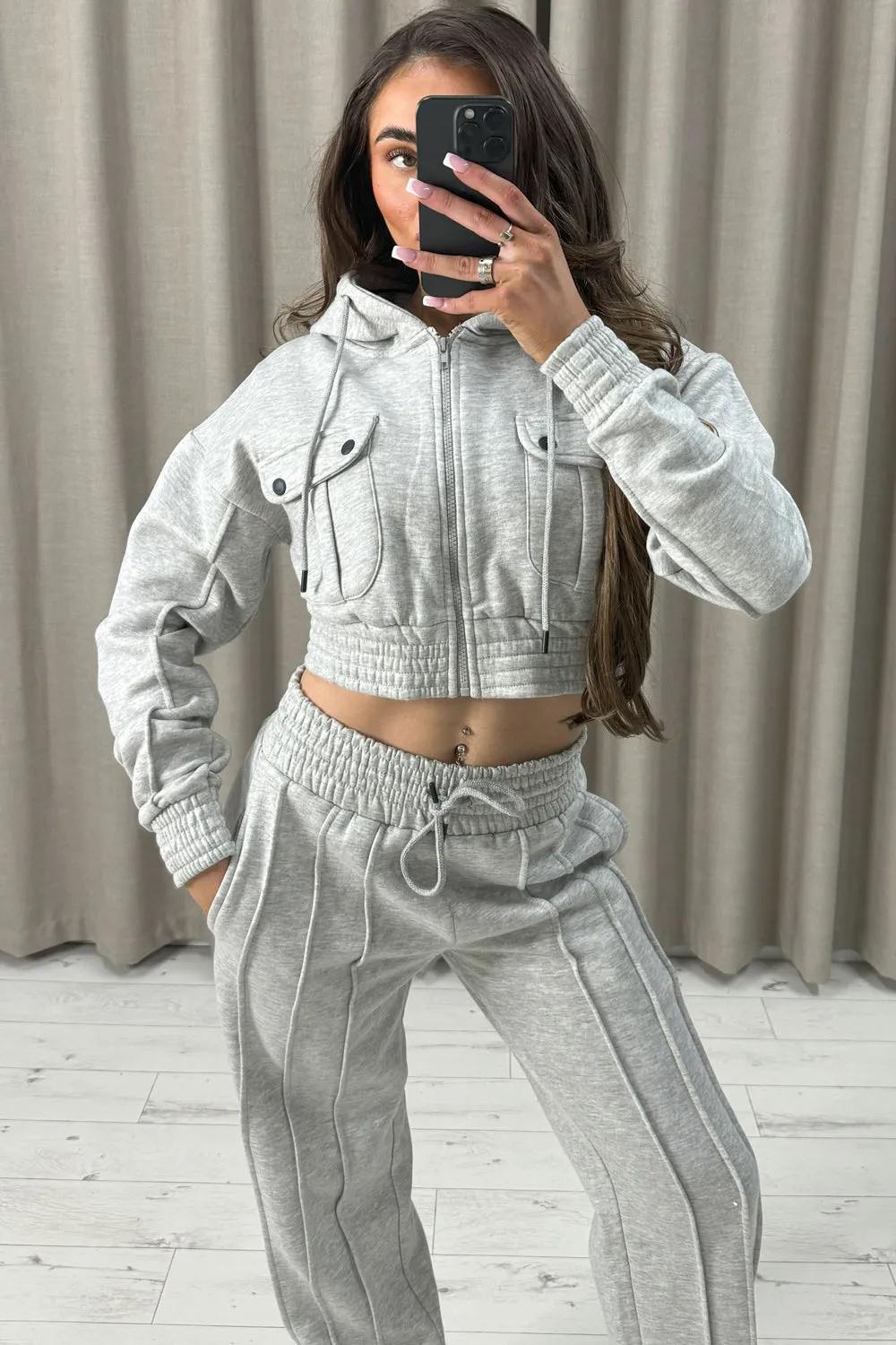 Kenza Grey Pocket Cropped Hooded and Seam Front Joggers Tracksuit Set