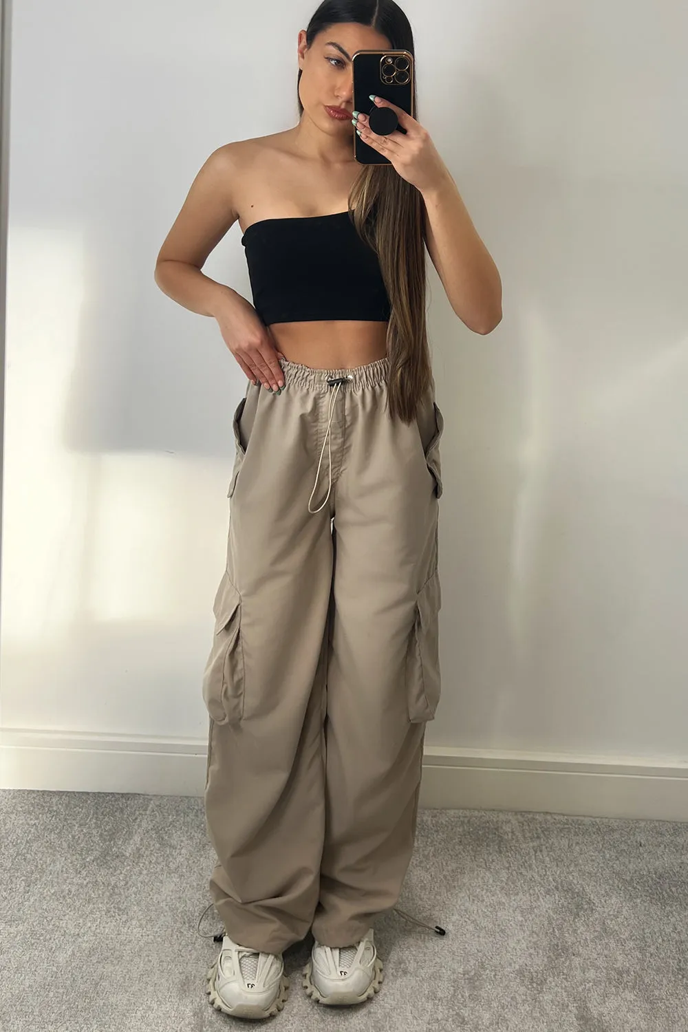 Kiesha Beige Parachute Toggle Pocket Cargo Trousers