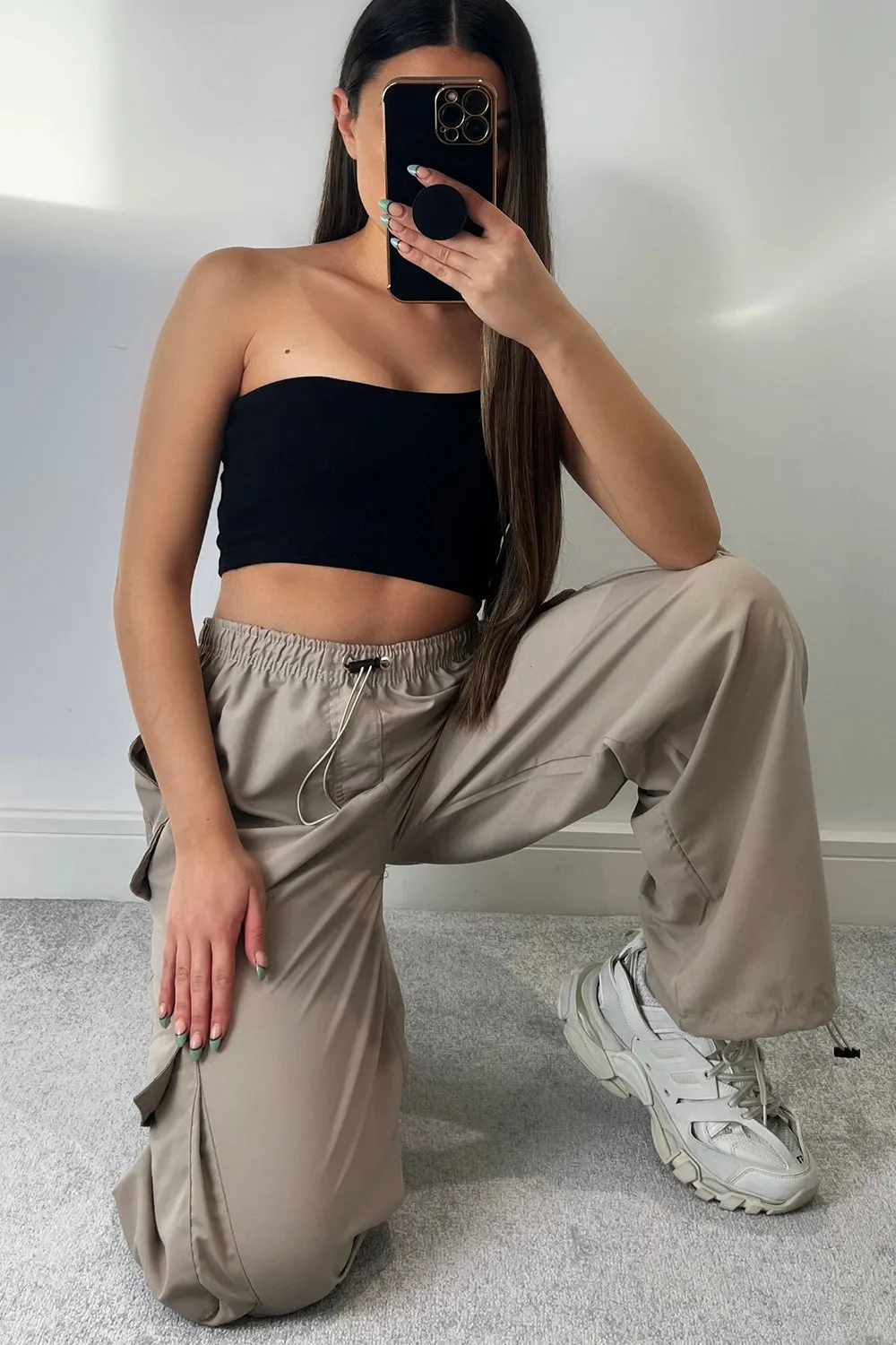Kiesha Beige Parachute Toggle Pocket Cargo Trousers
