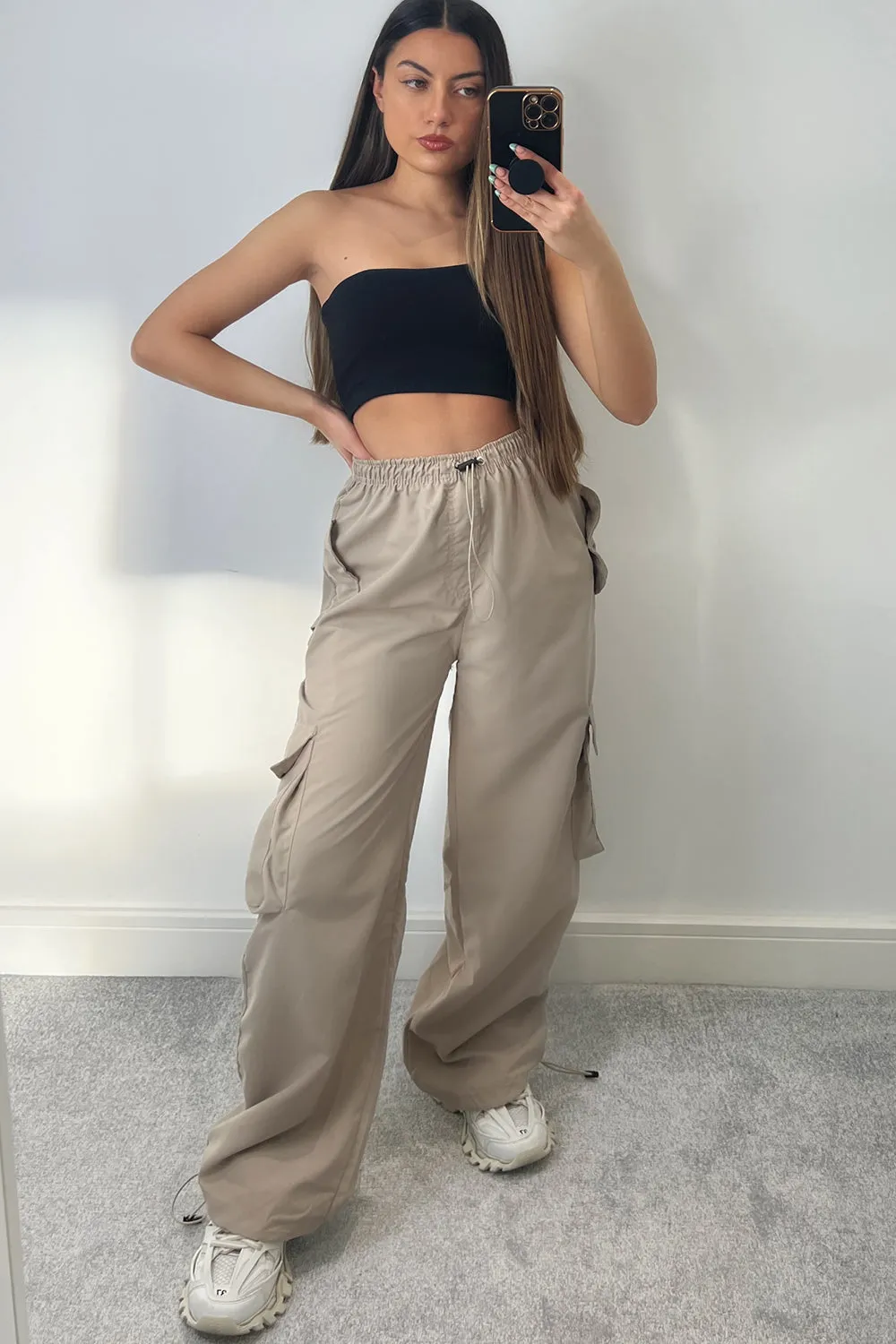 Kiesha Beige Parachute Toggle Pocket Cargo Trousers