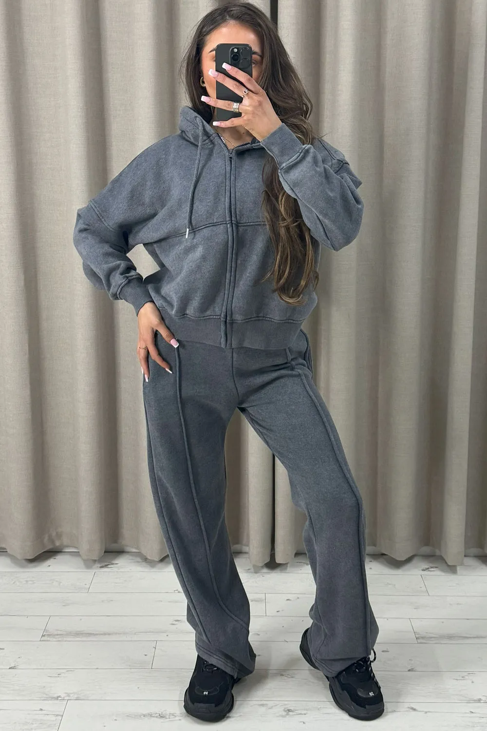 Lakara Charcoal Distressed Wash Seam Front Zip Up Hoodie and Joggers Tracksuit Set