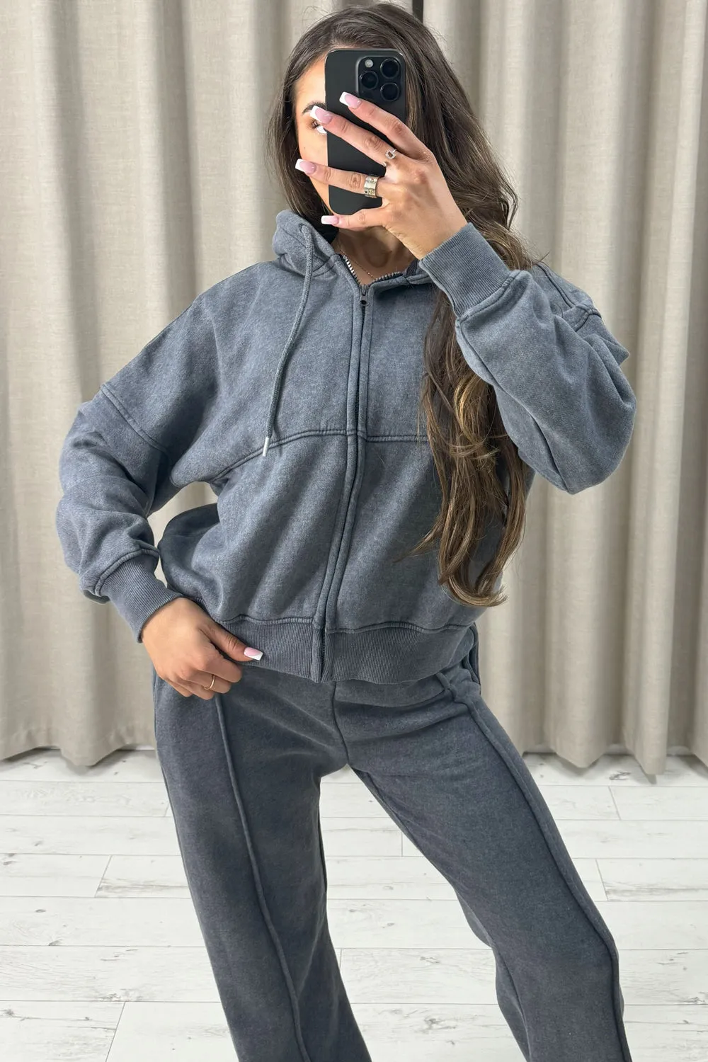 Lakara Charcoal Distressed Wash Seam Front Zip Up Hoodie and Joggers Tracksuit Set