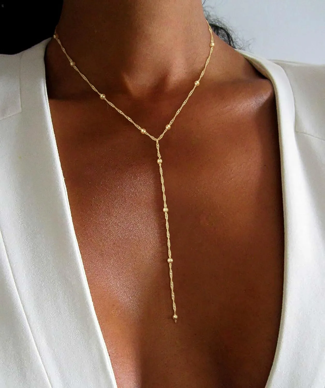 Lariat Gold Necklace for Women Trendy -14K Real Gold Plated Layered Y-Shape Beaded Chain Necklace, Dainty Tarnish-Resistant Long Necklaces Jewelry Gifts for Stylish Women