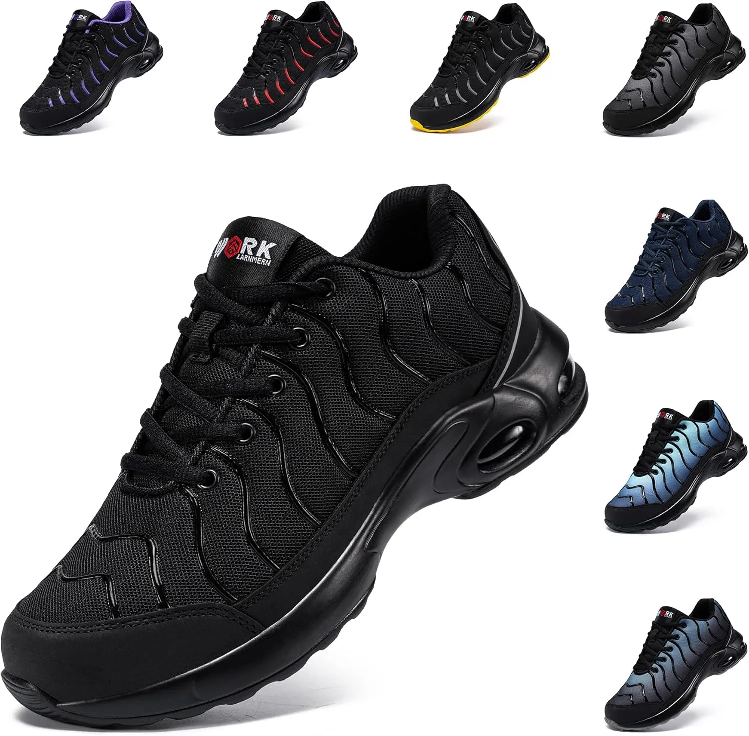 LARNMERN Air Cushion Steel Toe Shoes for Men Lightweight Puncture Proof Safety Toe Tennis Sneakers Breathable Slip Resistant Work Shoe Comfort Zapatos De Trabajo para(7.5,Dark,LSE31270)