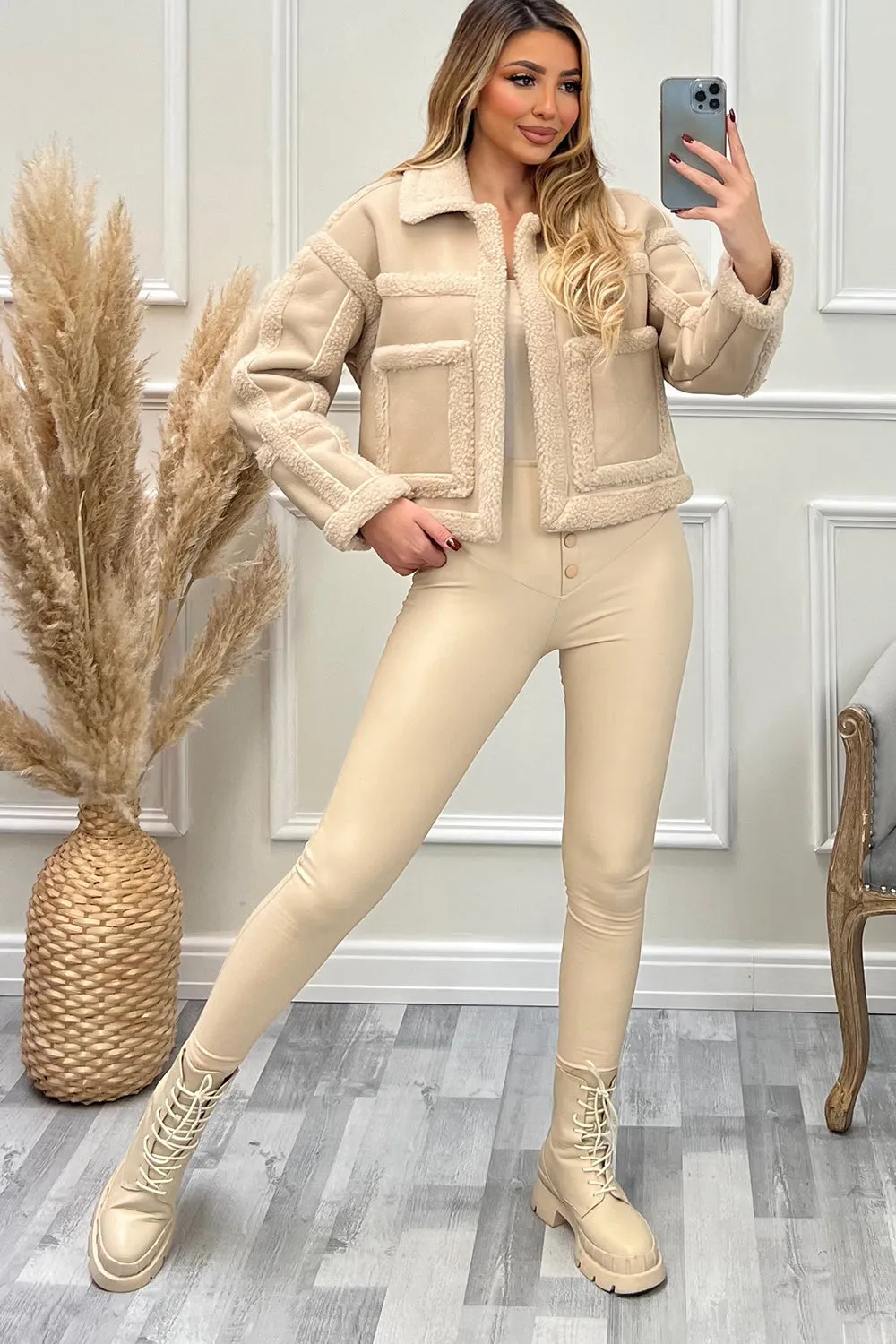 Lilly Beige PU Faux Leather Shearling Jacket