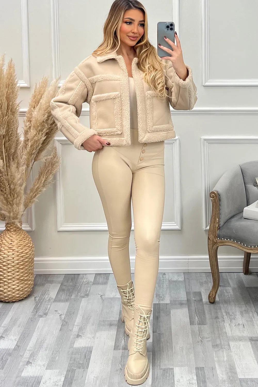 Lilly Beige PU Faux Leather Shearling Jacket
