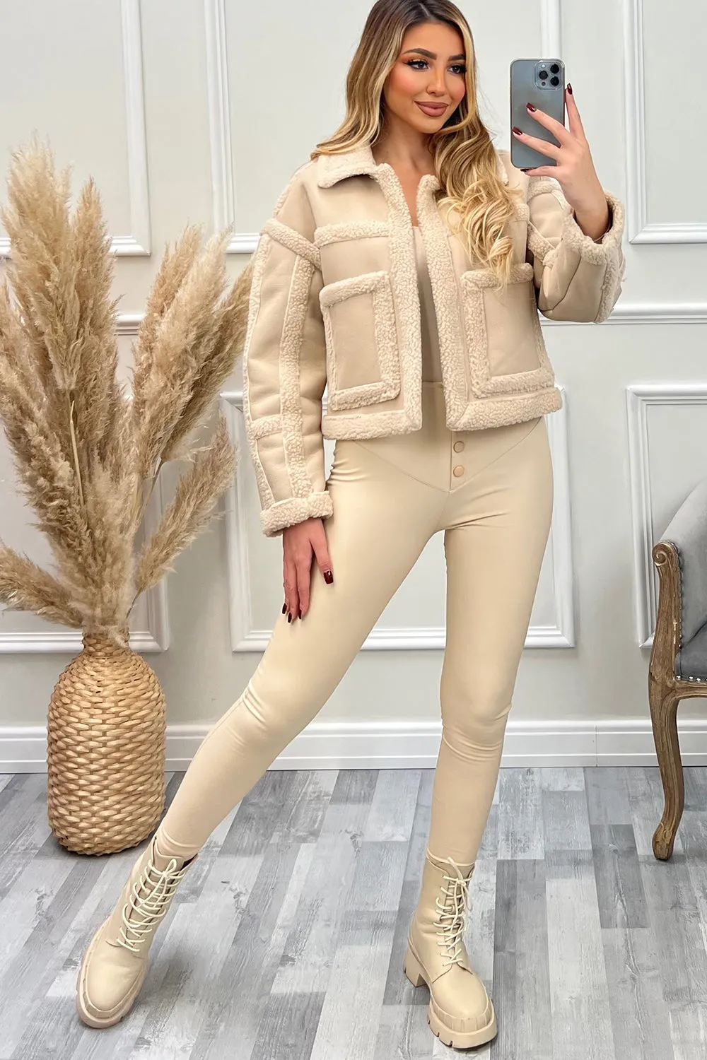Lilly Beige PU Faux Leather Shearling Jacket