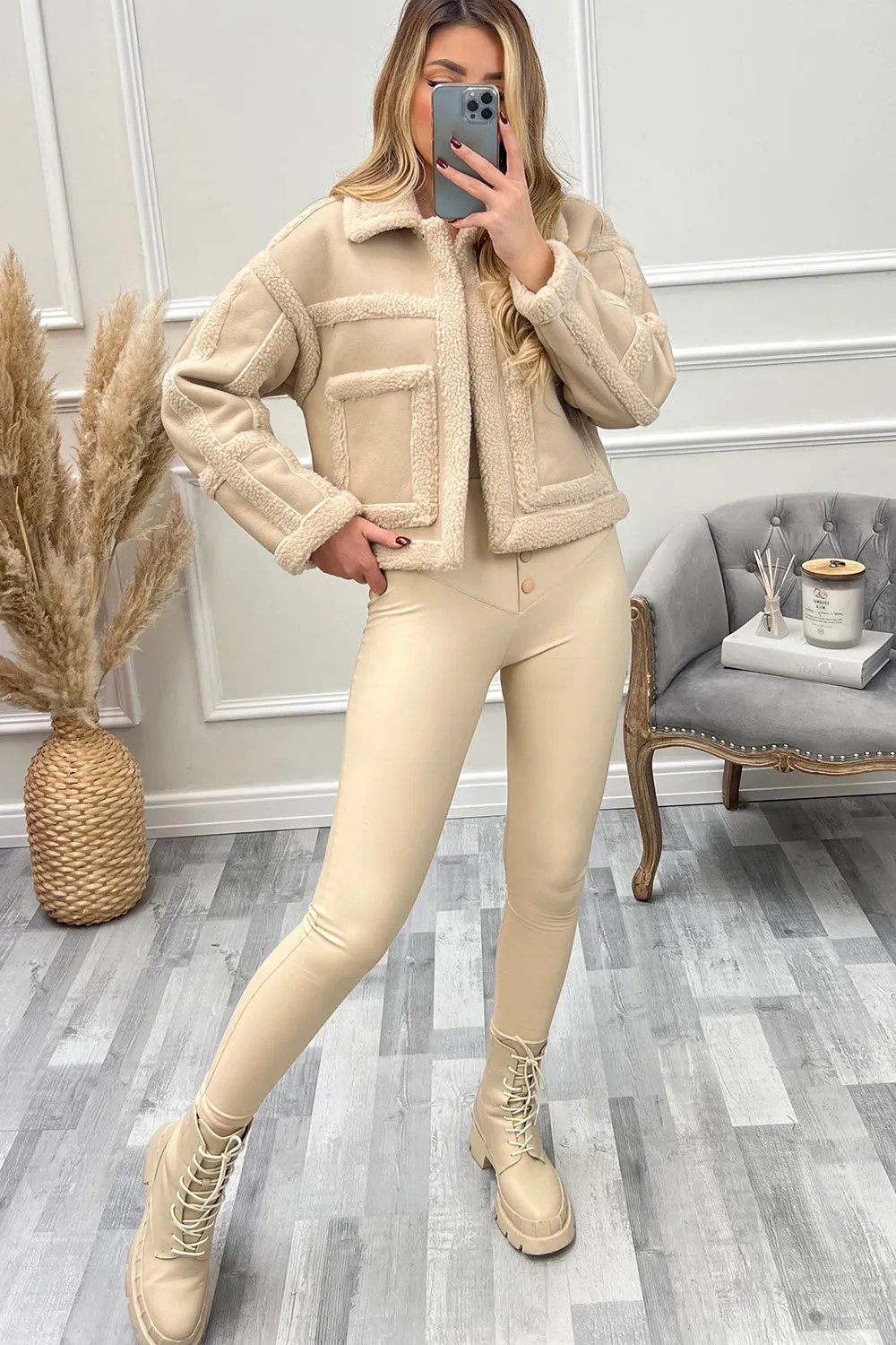 Lilly Beige PU Faux Leather Shearling Jacket