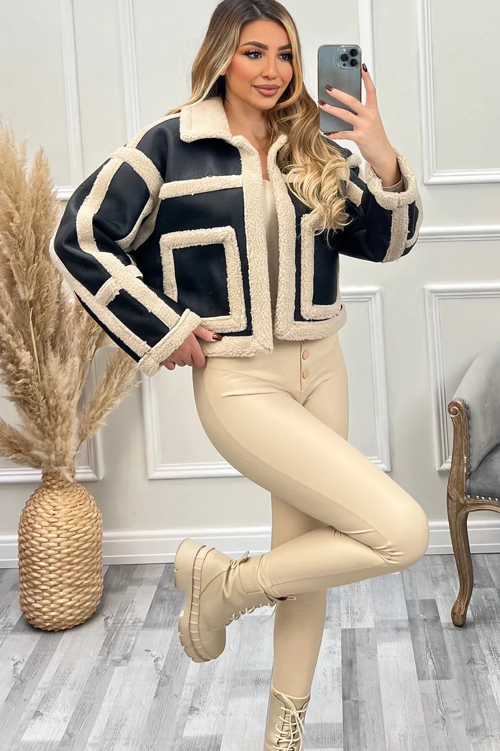 Lilly Black and Cream PU Faux Leather Shearling Jacket