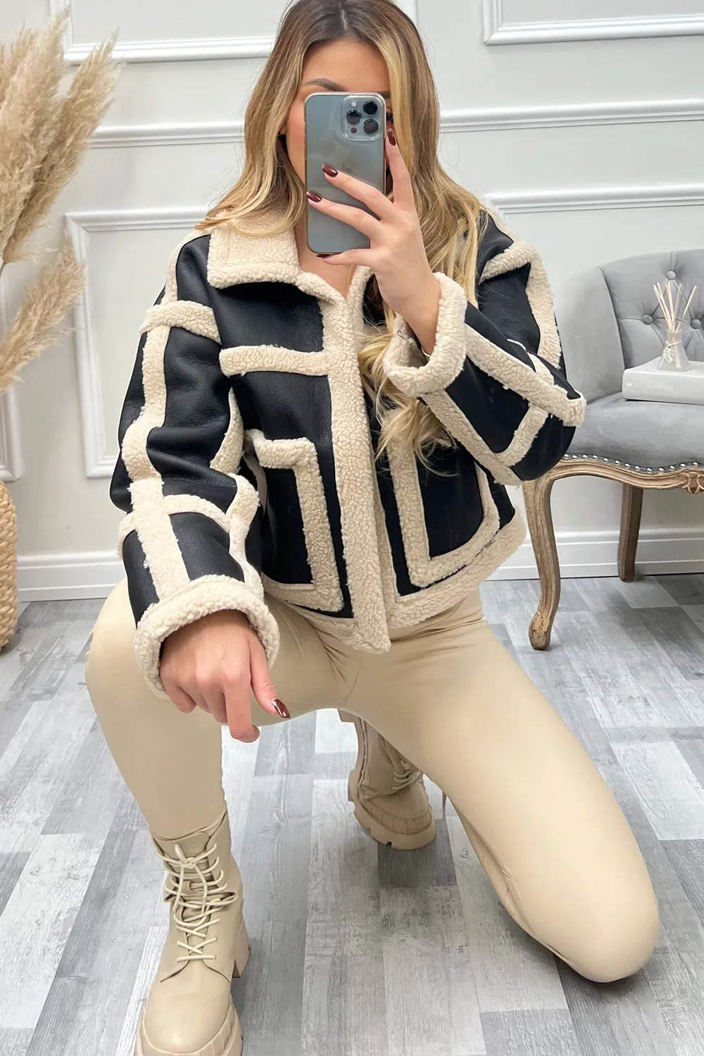 Lilly Black and Cream PU Faux Leather Shearling Jacket