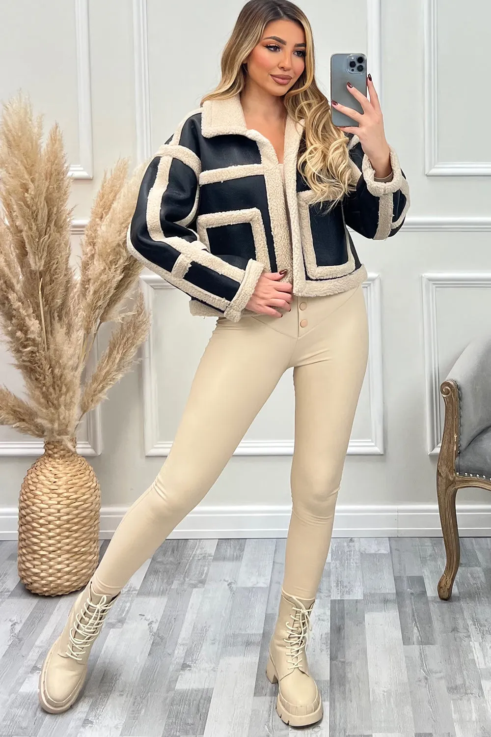 Lilly Black and Cream PU Faux Leather Shearling Jacket