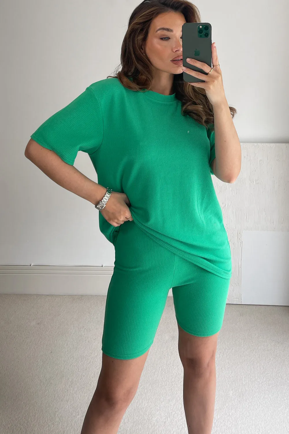 Lissy Green Ribbed Oversized T-Shirt & Shorts Co-Ord Set