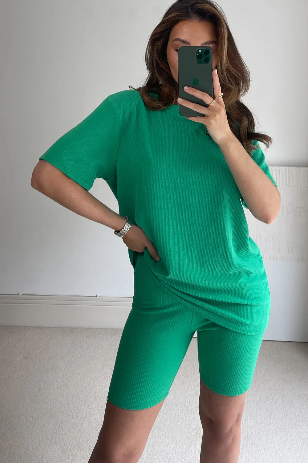 Lissy Green Ribbed Oversized T-Shirt & Shorts Co-Ord Set