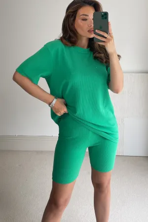 Lissy Green Ribbed Oversized T-Shirt & Shorts Co-Ord Set