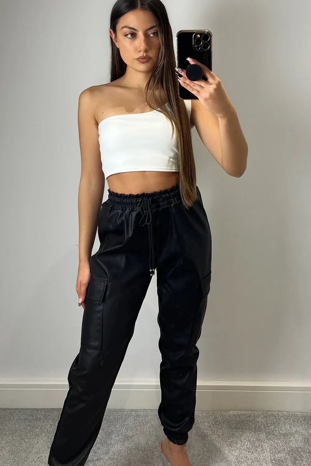 Maia Black PU Faux Leather Cargo Joggers