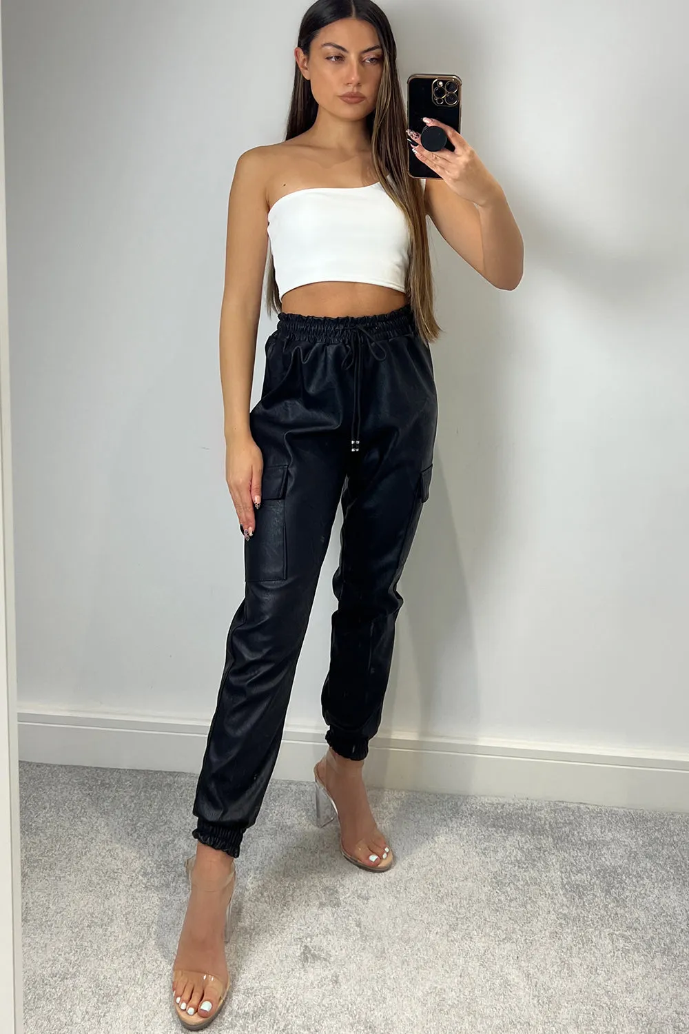 Maia Black PU Faux Leather Cargo Joggers