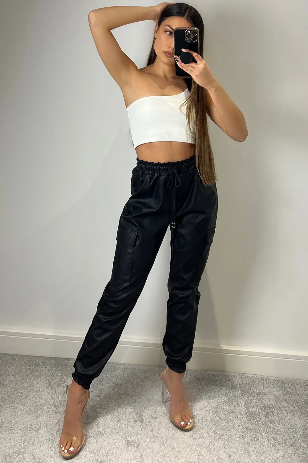 Maia Black PU Faux Leather Cargo Joggers