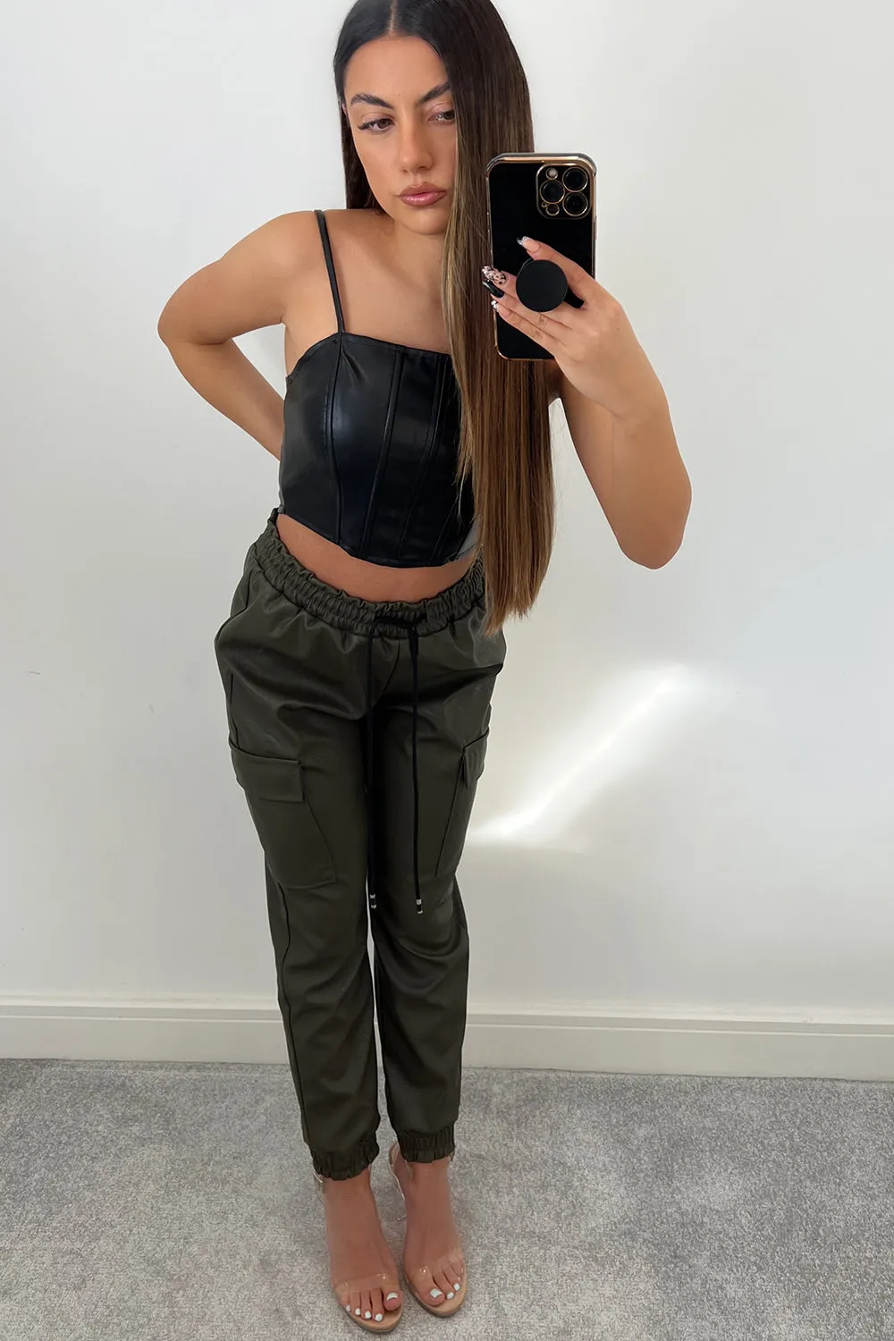 Maia Khaki PU Faux Leather Cargo Joggers