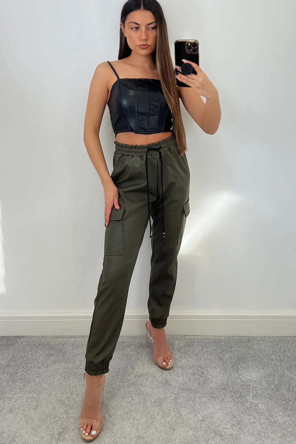 Maia Khaki PU Faux Leather Cargo Joggers