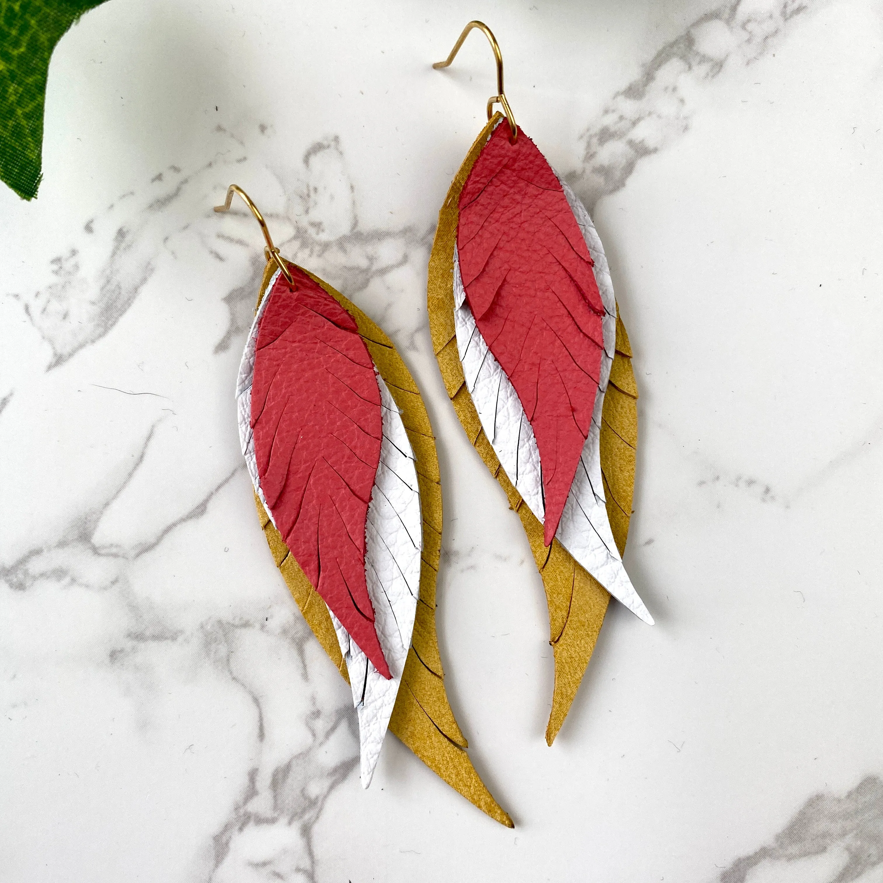 Mustard White Coral Leather Feather Earrings