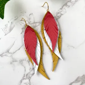 Mustard White Coral Leather Feather Earrings