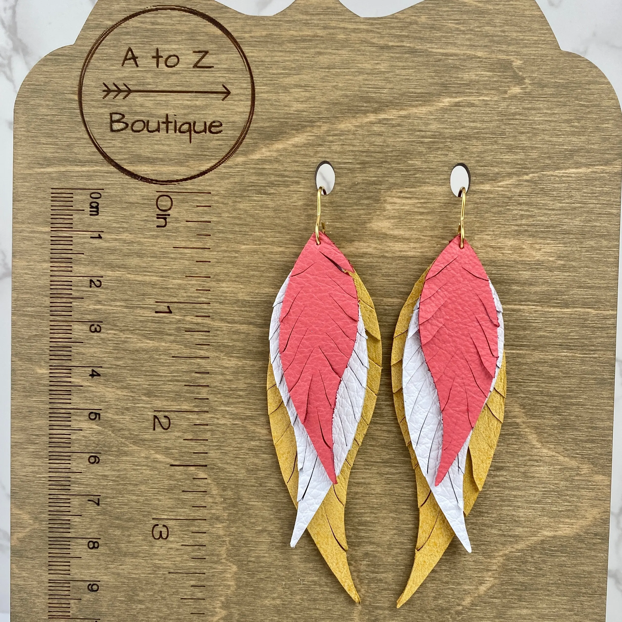 Mustard White Coral Leather Feather Earrings
