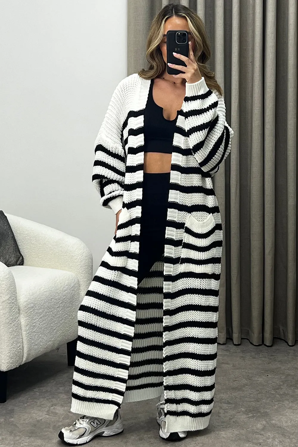 Preta White and Black Stripe Maxi Knitted Cardigan