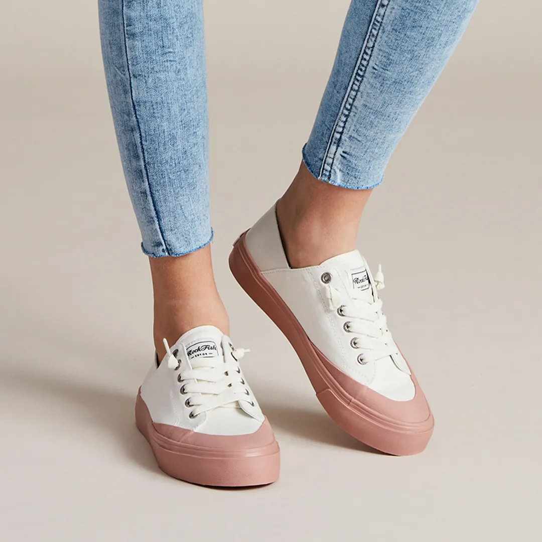 ROCKFISH 747 Lazy Heel WHITE/PINK trim Womens Canvas Sneaker. Ladies Trainer