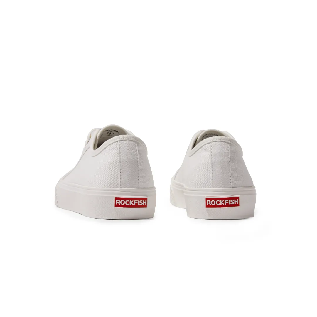 ROCKFISH White Vintage 702 Ladies canvas sneakers. Womens canvas trainer with shell shaped toe cap.