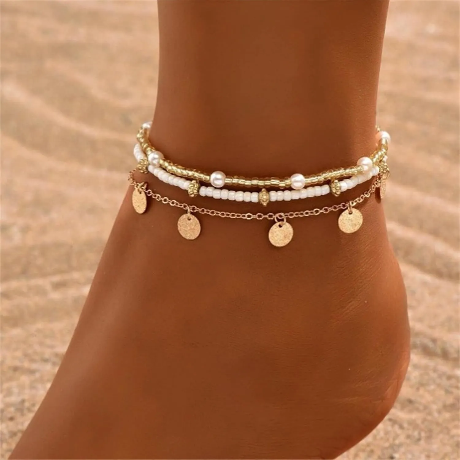 Shell Ankle Bracelet Set for Women,Boho Adjustable Beads Anklet Pack Natural White Shells Stack Stretch Seashell Pearl Starfish Bracelet Set Hawaiian Beach Vacation Foot Jewelry