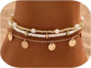 Shell Ankle Bracelet Set for Women,Boho Adjustable Beads Anklet Pack Natural White Shells Stack Stretch Seashell Pearl Starfish Bracelet Set Hawaiian Beach Vacation Foot Jewelry