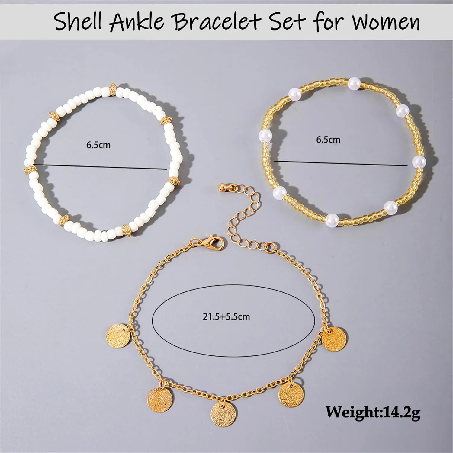 Shell Ankle Bracelet Set for Women,Boho Adjustable Beads Anklet Pack Natural White Shells Stack Stretch Seashell Pearl Starfish Bracelet Set Hawaiian Beach Vacation Foot Jewelry