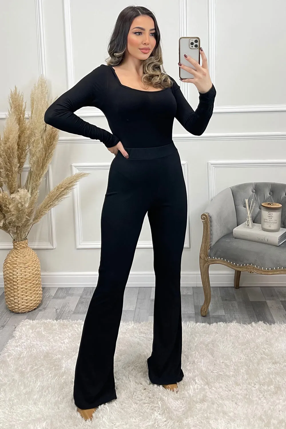 Sofia Black Ribbed Flare High Waisted Trousers