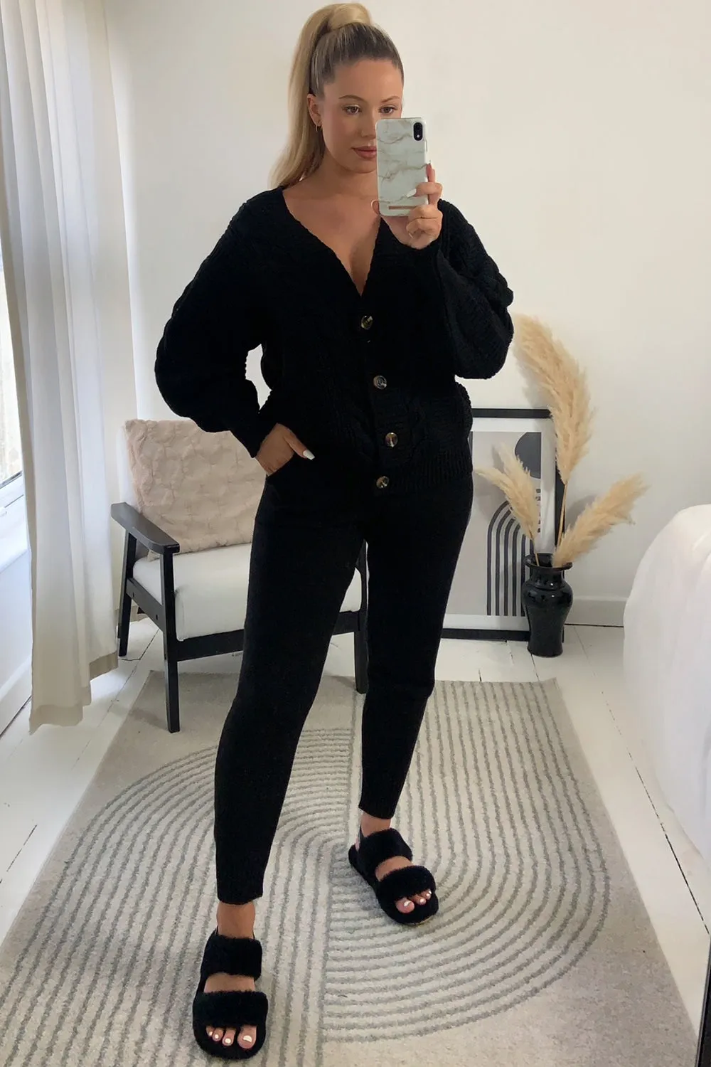 Steph Black Cable Knit Cardigan and Joggers Co-Ord Set