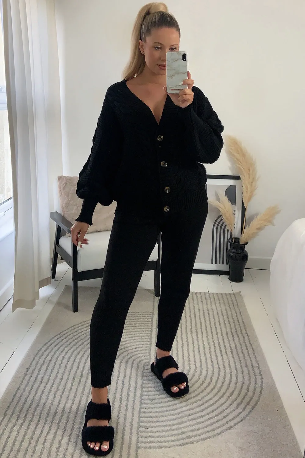 Steph Black Cable Knit Cardigan and Joggers Co-Ord Set