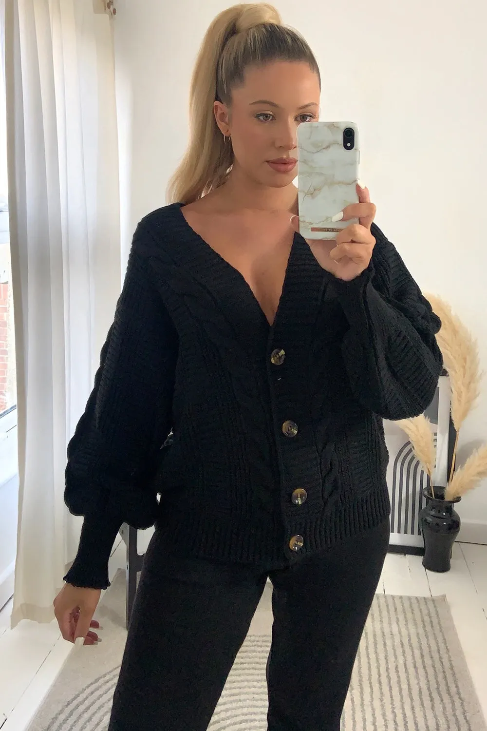 Steph Black Cable Knit Cardigan and Joggers Co-Ord Set