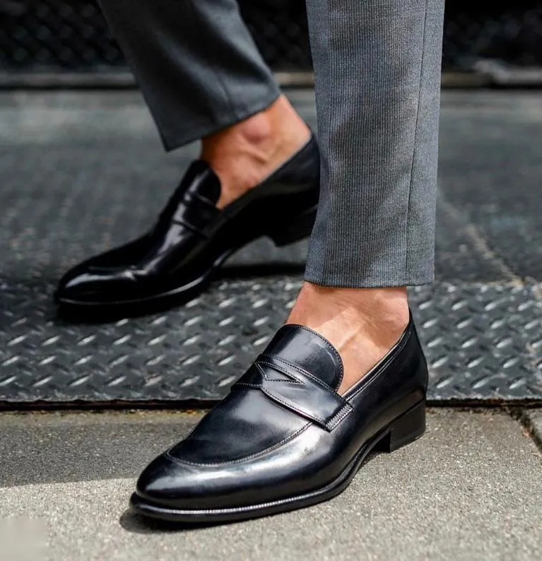 Stylish Men Suede Shoes Fashion Pointed Business And Partywear Leather Slip On Loafer Black