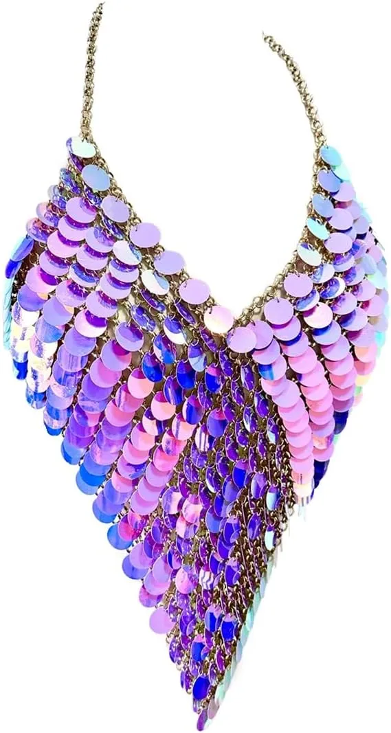 Tchin Sexy Sequin Body Chain Jewelry for Women Sparkly Tops Metallic Outfits Backless Halter Crop Top