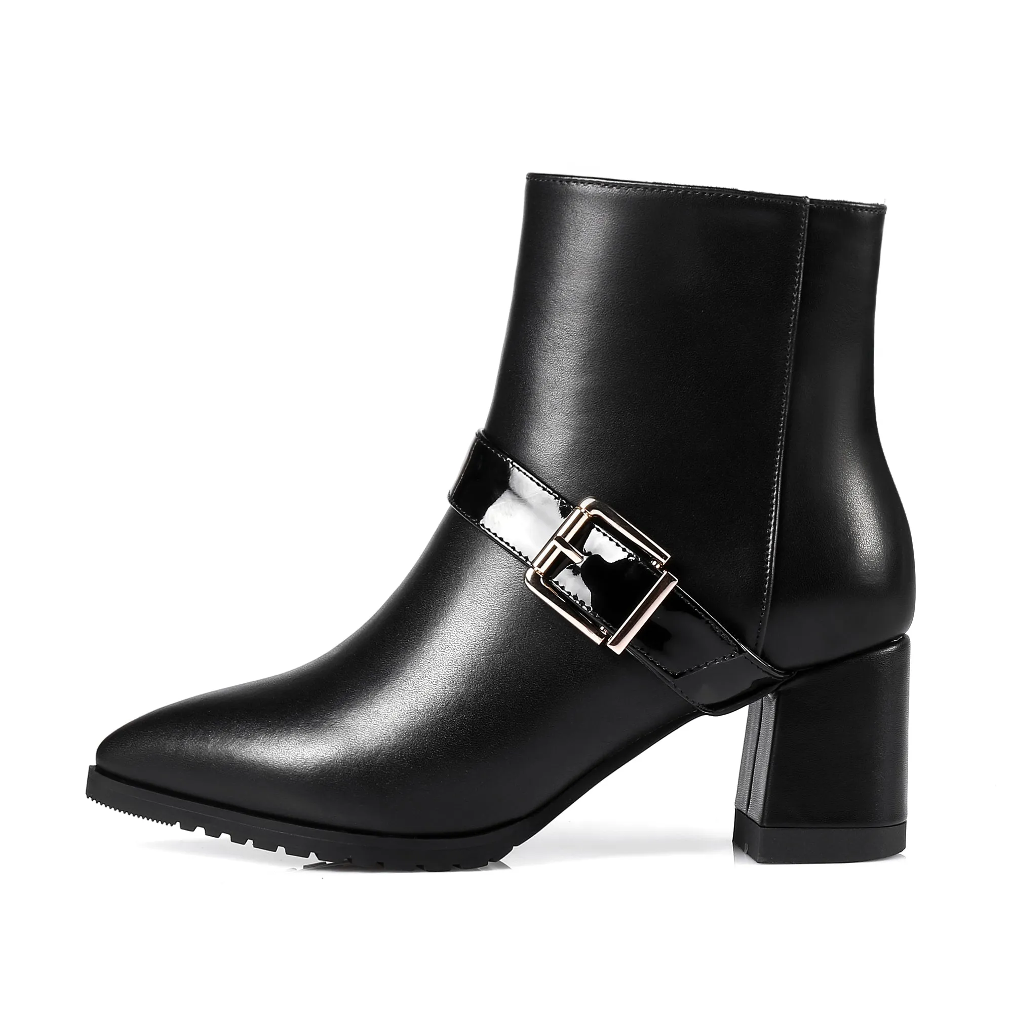 TinaCus Women's Genuine Leather Pointed Toe Handmade Side Zip Mid Chunky Heel Stylish Ankle Boots with Buckle