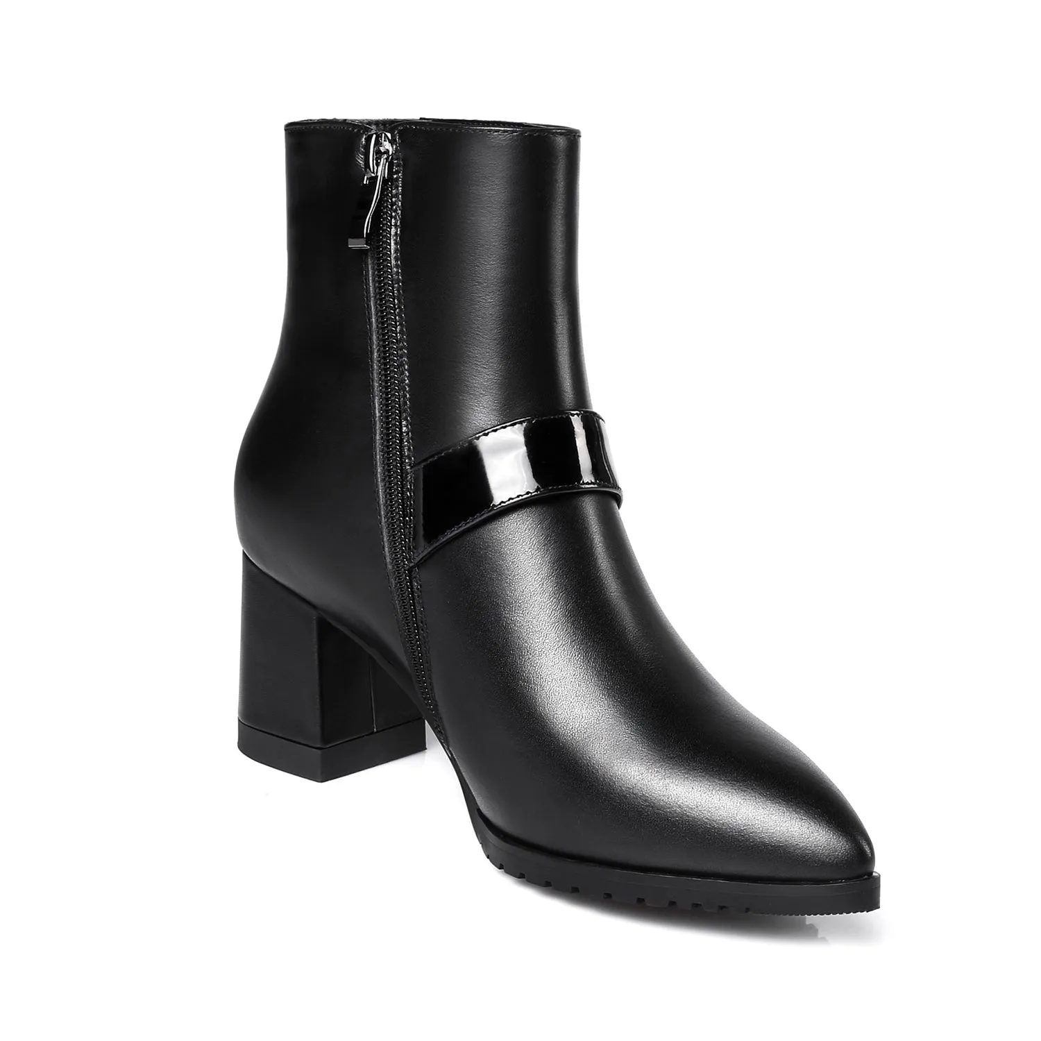 TinaCus Women's Genuine Leather Pointed Toe Handmade Side Zip Mid Chunky Heel Stylish Ankle Boots with Buckle