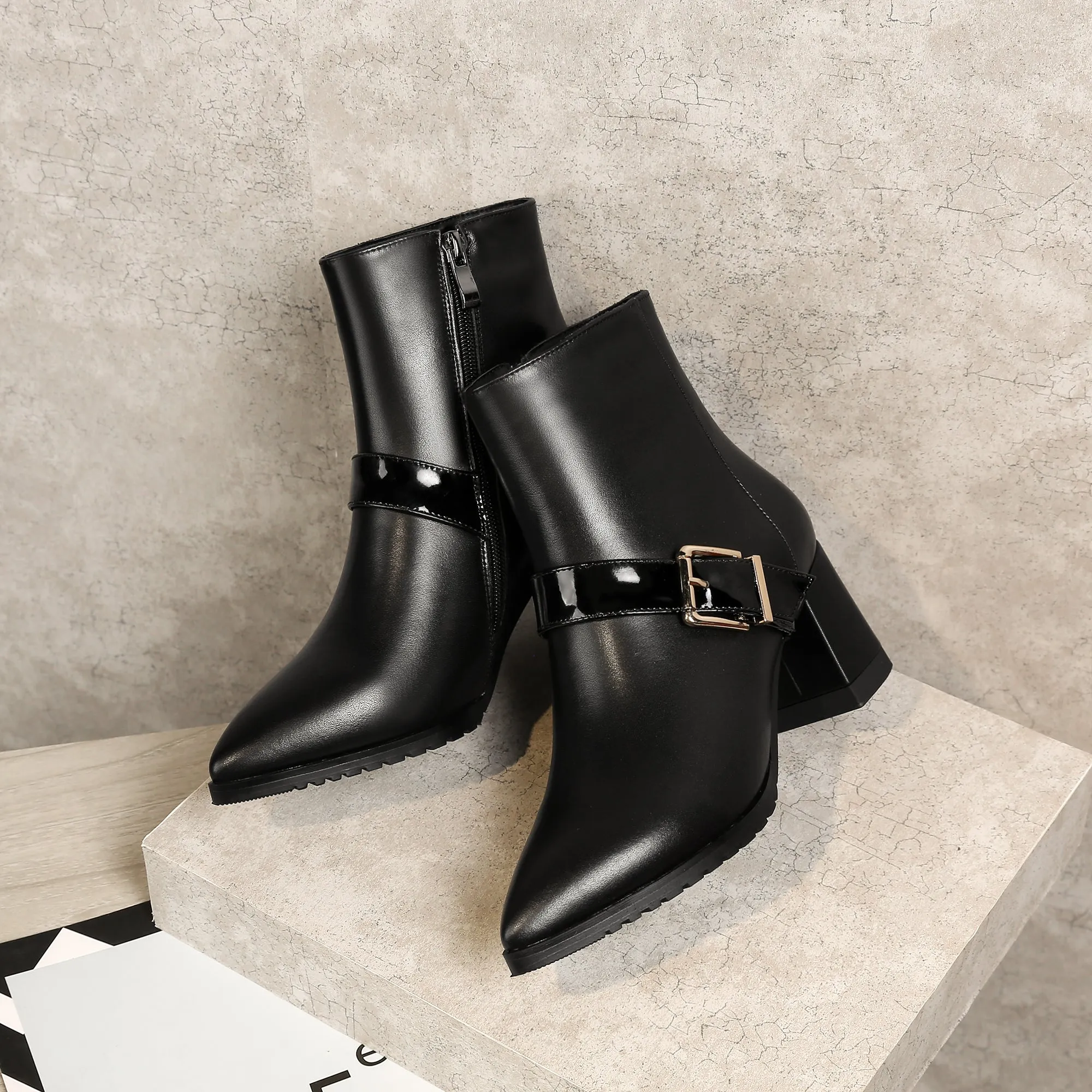 TinaCus Women's Genuine Leather Pointed Toe Handmade Side Zip Mid Chunky Heel Stylish Ankle Boots with Buckle