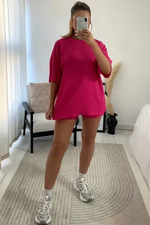 Tyla Pink Textured Oversized T-Shirt and Shorts Co-Ord Set