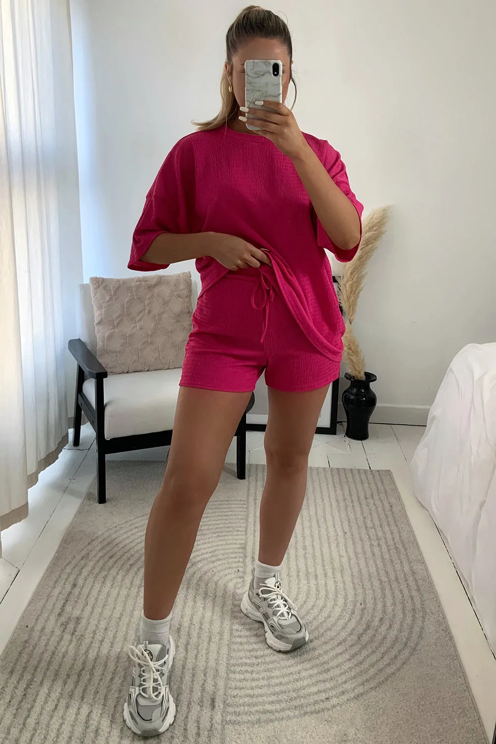 Tyla Pink Textured Oversized T-Shirt and Shorts Co-Ord Set