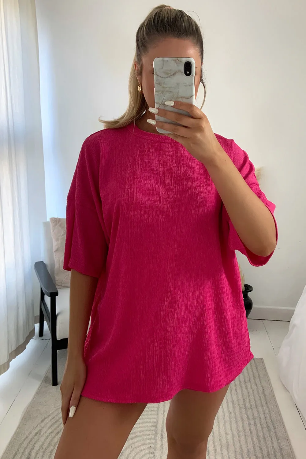 Tyla Pink Textured Oversized T-Shirt and Shorts Co-Ord Set