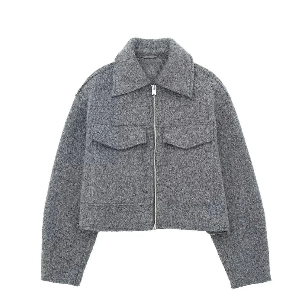 Vintage long sleeve Grey Front Zipper Jackets Outfits