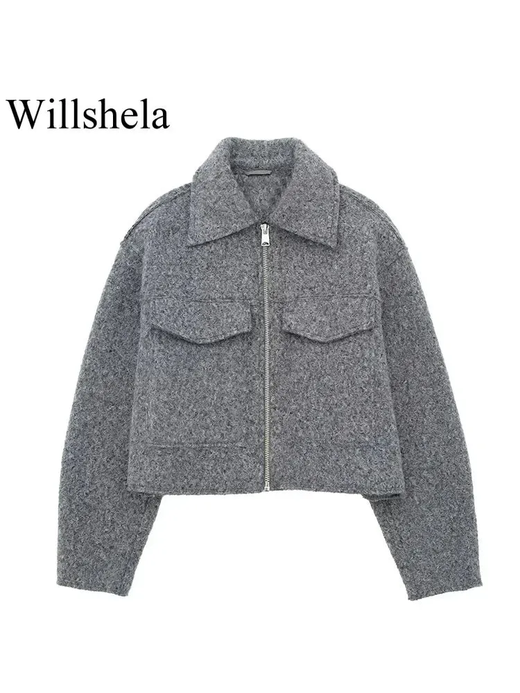 Vintage long sleeve Grey Front Zipper Jackets Outfits
