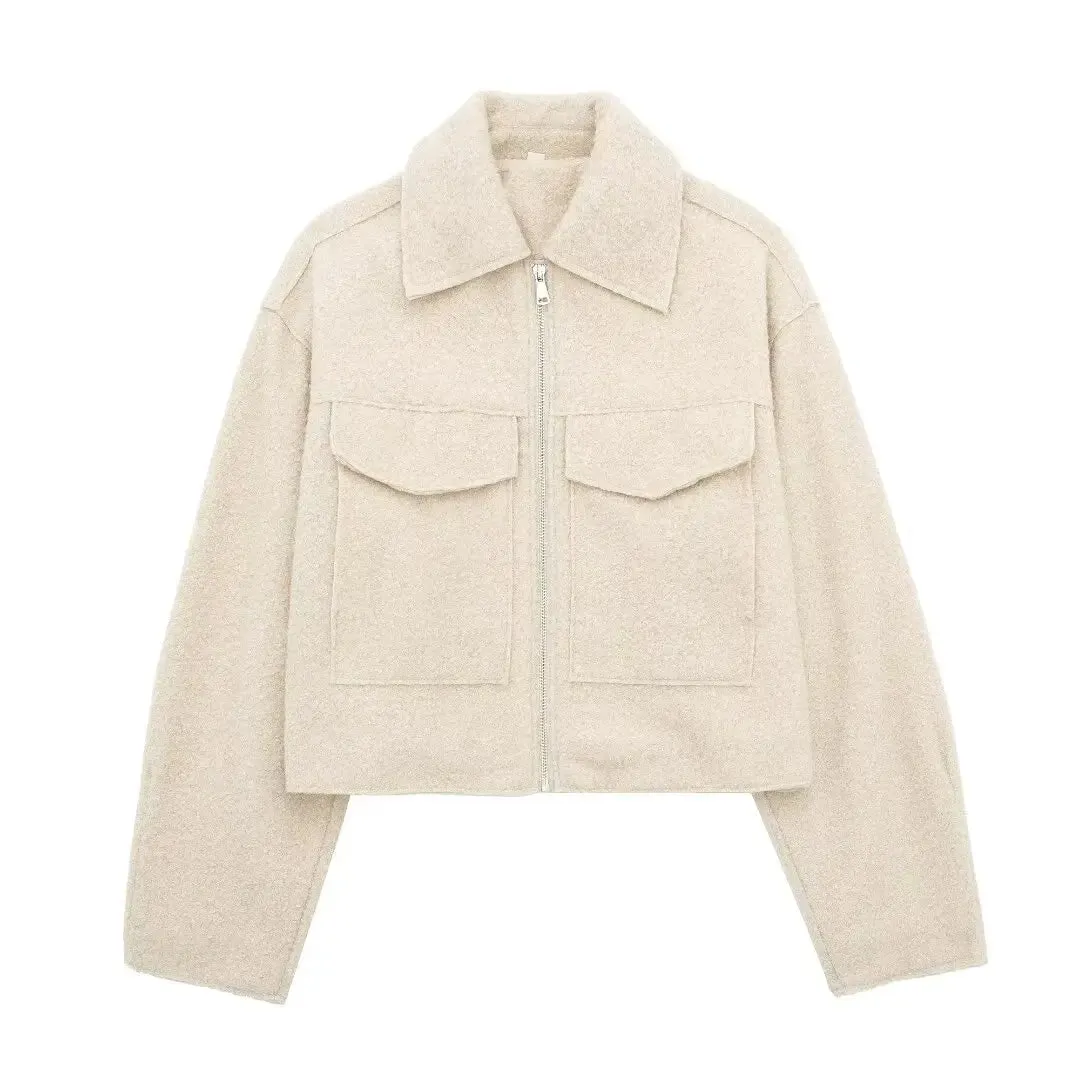 Vintage long sleeve Grey Front Zipper Jackets Outfits