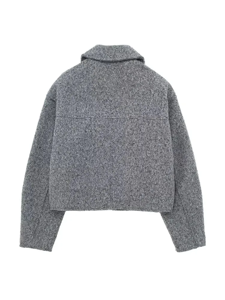 Vintage long sleeve Grey Front Zipper Jackets Outfits